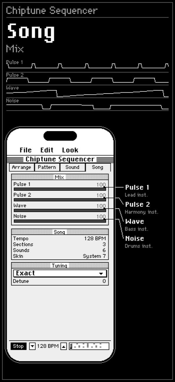 Song screen with tempo, tuning, mixer, save and export