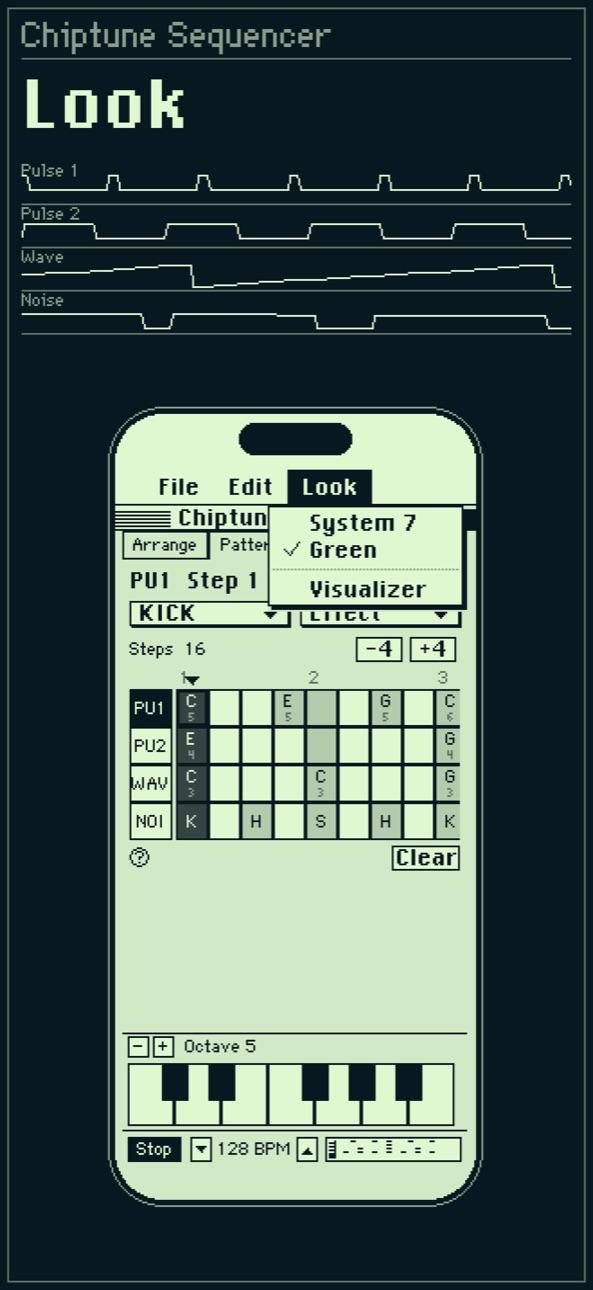 Look menu switching between the grey desktop and green LCD themes