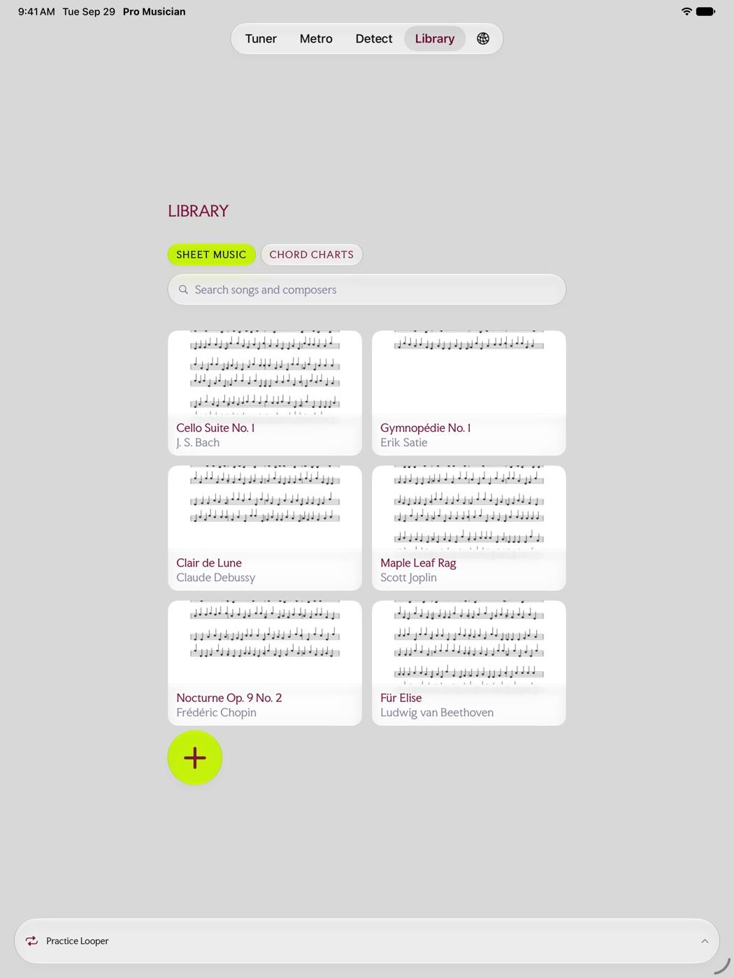 The sheet music library on iPad