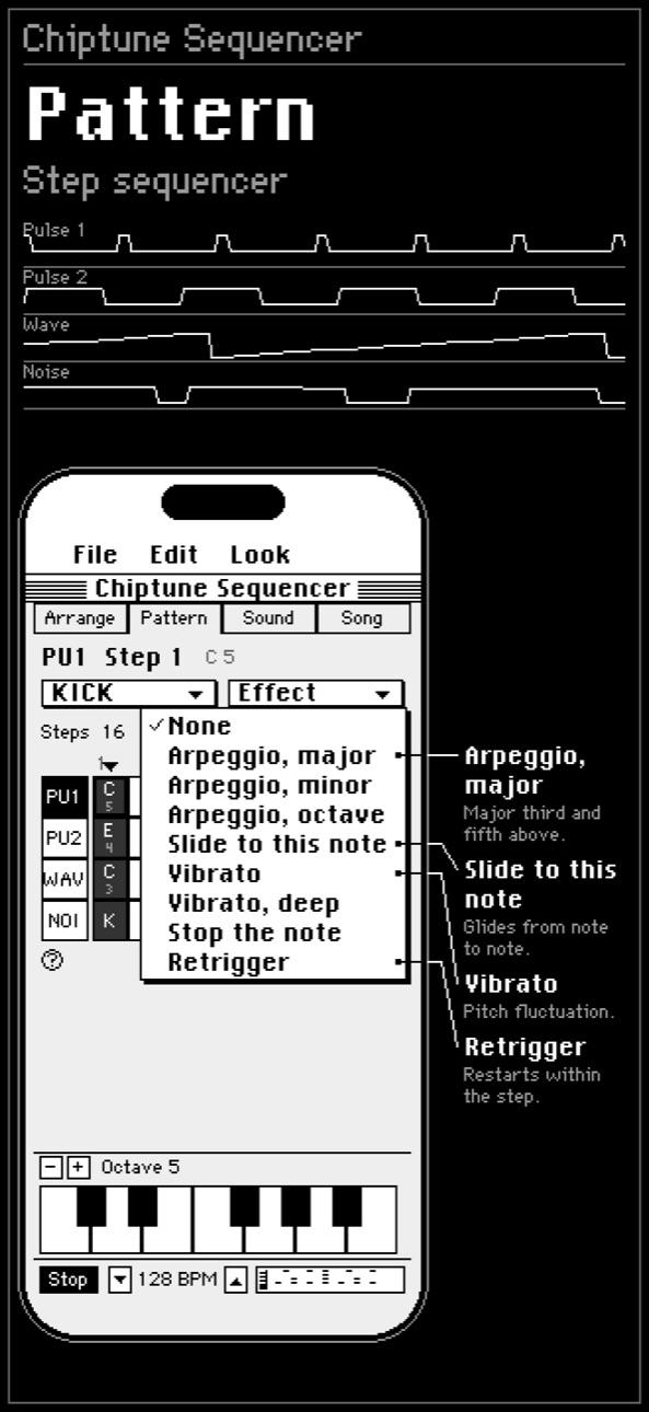 The Pattern step sequencer with the effects menu
