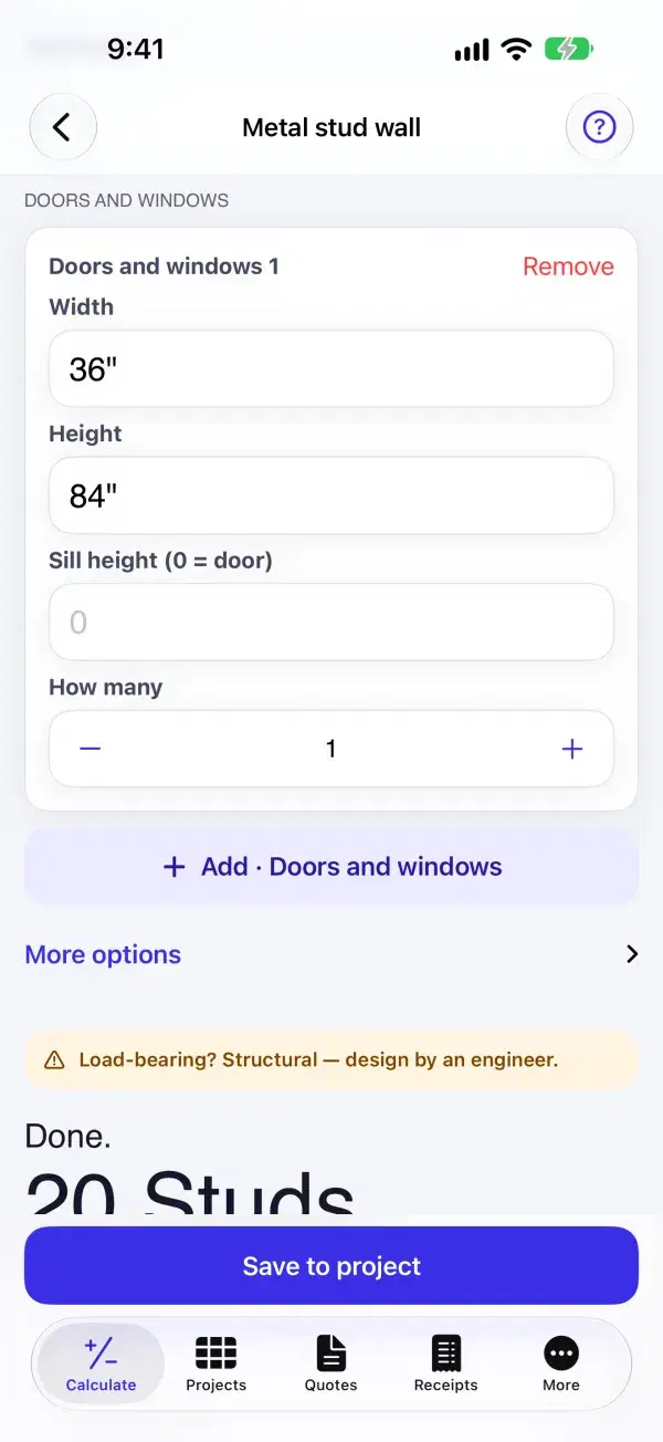 Metal stud wall calculator showing studs, track and screws