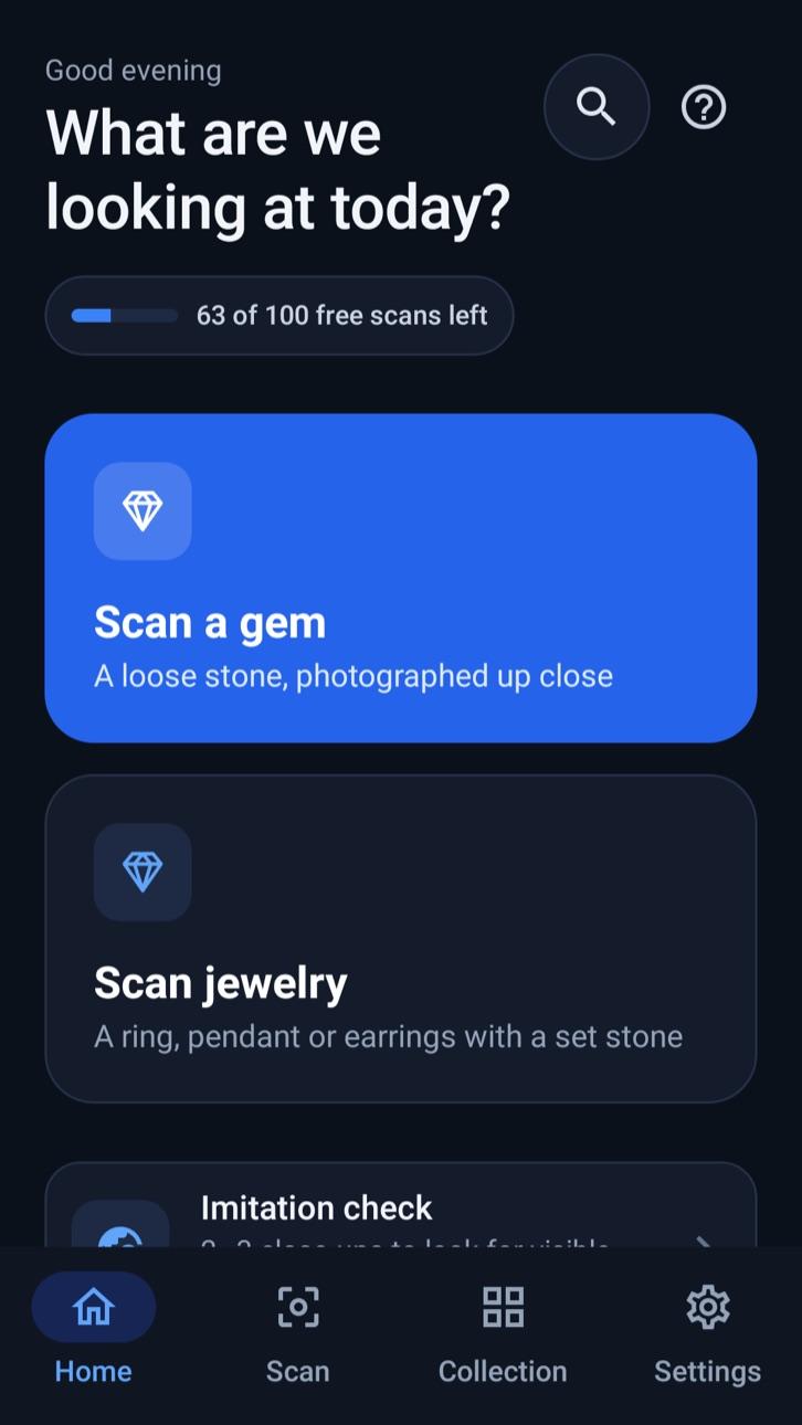 GemID home screen with Scan a gem, Scan jewelry, the imitation check and a free scans counter