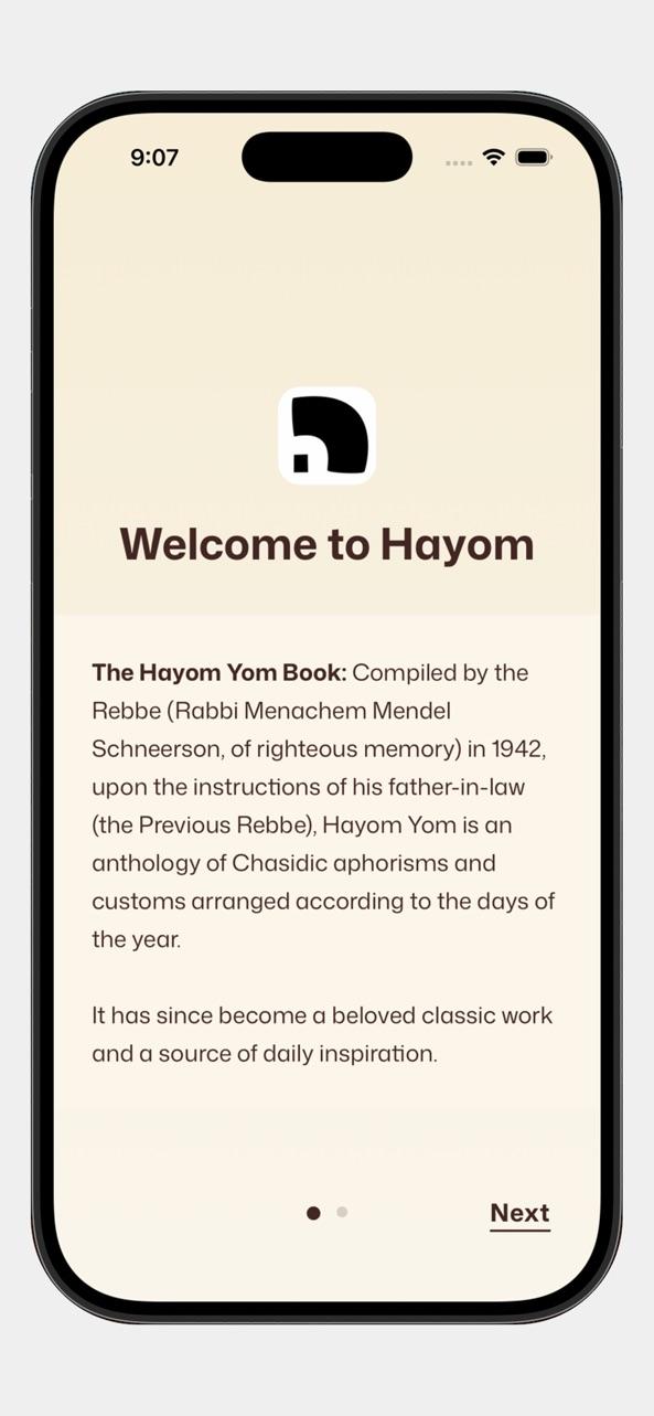 Welcome screen introducing the Hayom Yom book