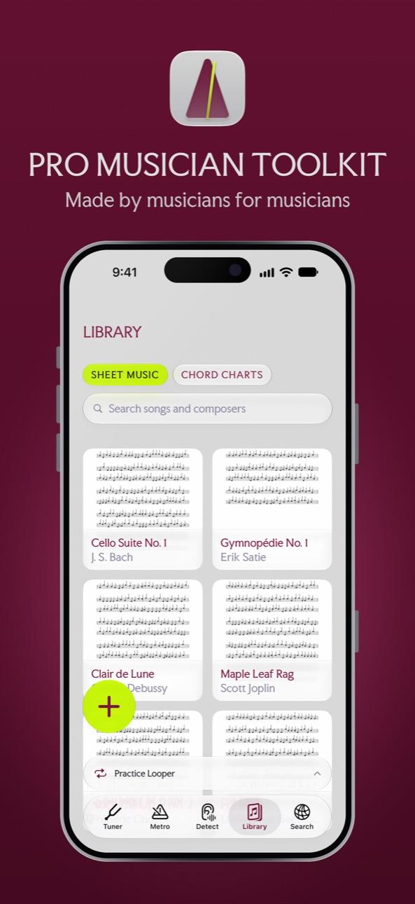 Pro Musician Toolkit home screen with the tuner, metronome, detect, looper and library tools