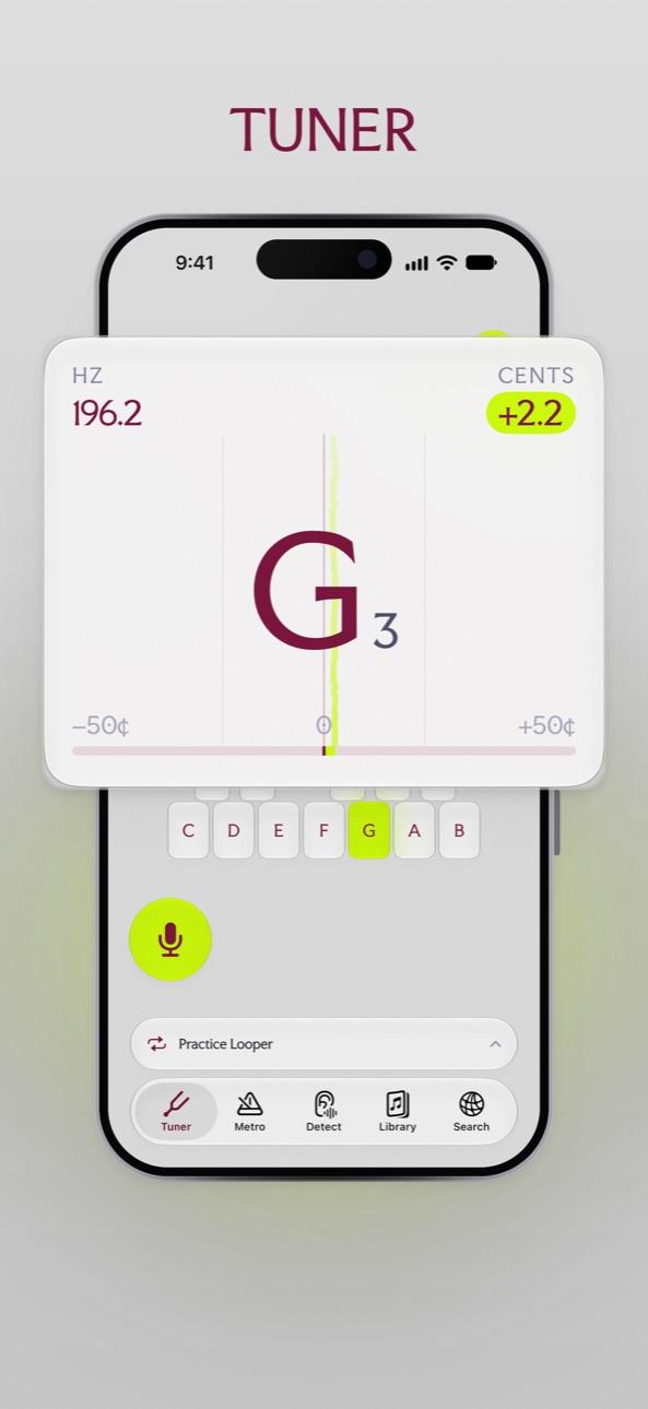 Chromatic tuner showing the note played and how many cents sharp or flat it is